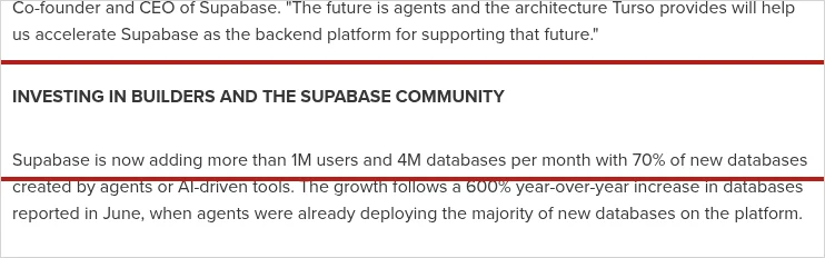 Supabase's October 2, 2026 press release with the paragraph on agent-created databases highlighted