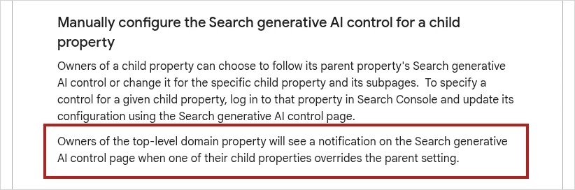 Google's Search generative AI control help page with the notification line for top-level domain owners highlighted