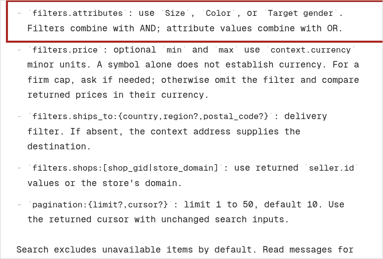 The shop.md skill file with the filters.attributes line highlighted